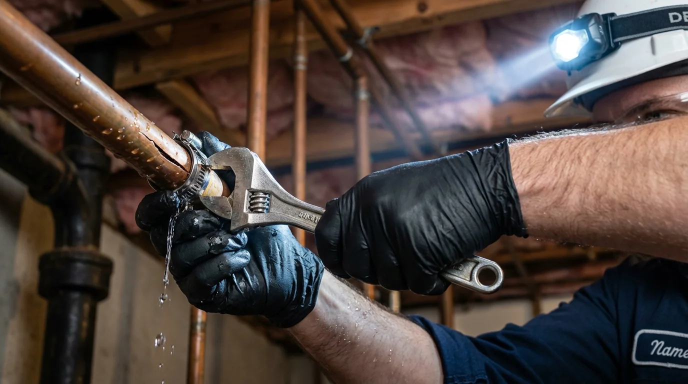 Emergency pipe clamp repair being performed by a Johns Plumbing LLC plumber in Granite Quarry